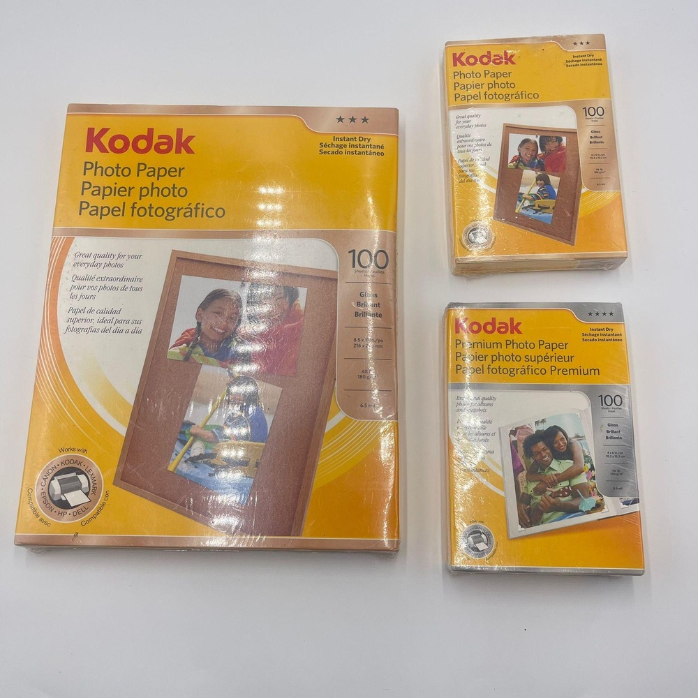 Kodak Photo Paper 8.5x11 4x6 Premium Gloss Instant Dry 3 Pack 100 Sheets‎